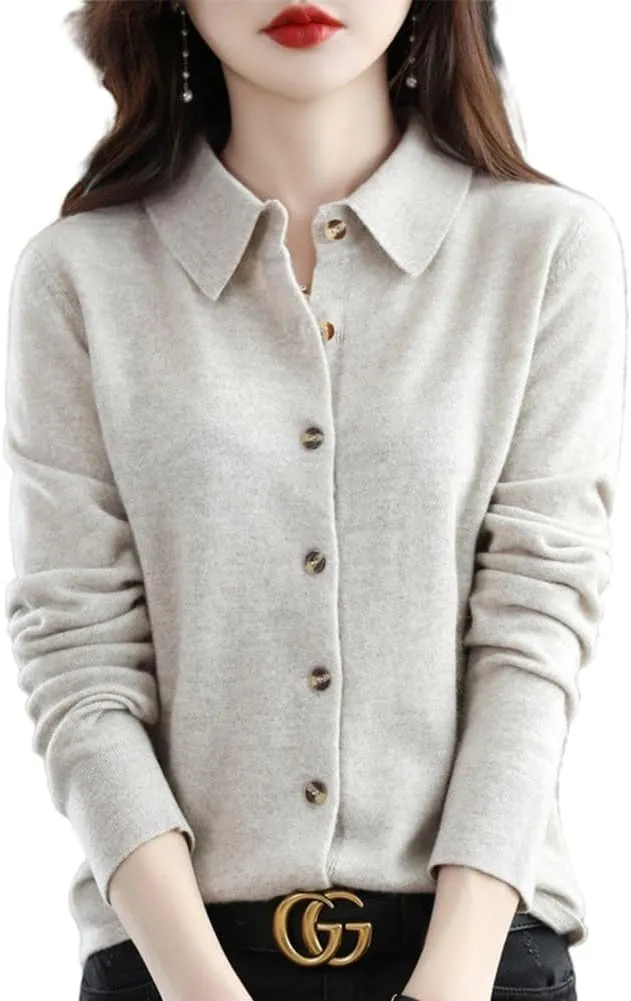 100% Merino Wool Sweaters Women's Fall Winter Warm Soft Knitted Shirt Lapel Polo Collar Cardigan Long Sleeves
