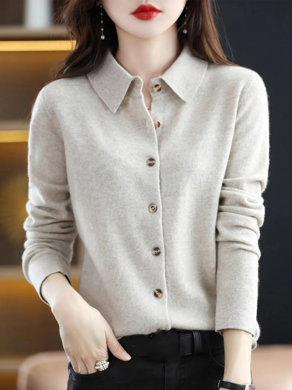 100% Merino Wool Sweaters Women's Fall Winter Warm Soft Knitted Shirt Lapel Polo Collar Cardigan Long Sleeves