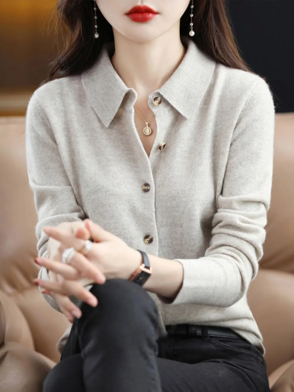 100% Merino Wool Sweaters Women's Fall Winter Warm Soft Knitted Shirt Lapel Polo Collar Cardigan Long Sleeves