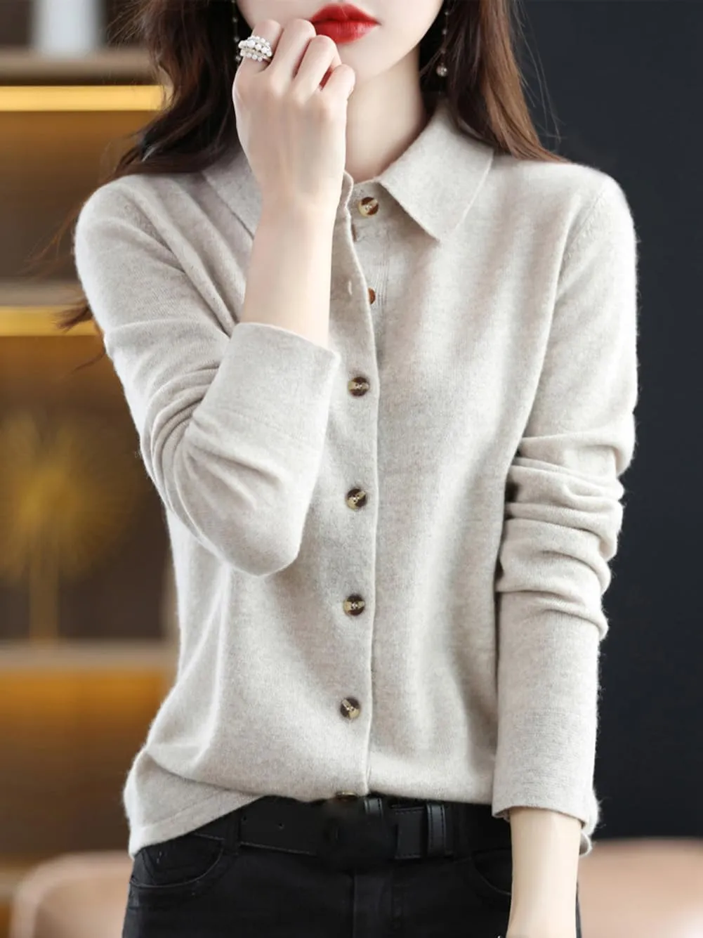 100% Merino Wool Sweaters Women's Fall Winter Warm Soft Knitted Shirt Lapel Polo Collar Cardigan Long Sleeves