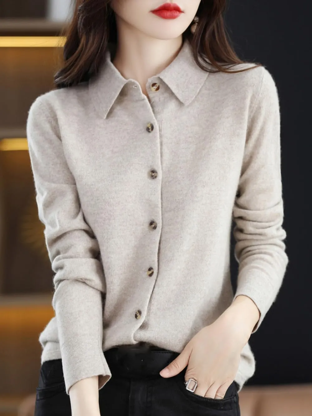 100% Merino Wool Sweaters Women's Fall Winter Warm Soft Knitted Shirt Lapel Polo Collar Cardigan Long Sleeves
