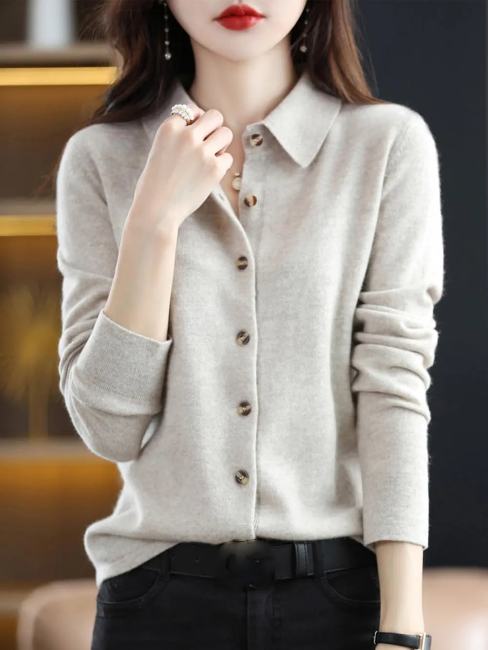 100% Merino Wool Sweaters Women's Fall Winter Warm Soft Knitted Shirt Lapel Polo Collar Cardigan Long Sleeves