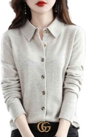 100% Merino Wool Sweaters Women's Fall Winter Warm Soft Knitted Shirt Lapel Polo Collar Cardigan Long Sleeves
