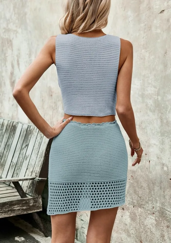 2 Piece Sets for Women Summer Crochet Hollow Out Knitted Skirt V Neck Crop Top Vest Vacation Cruise Outfits