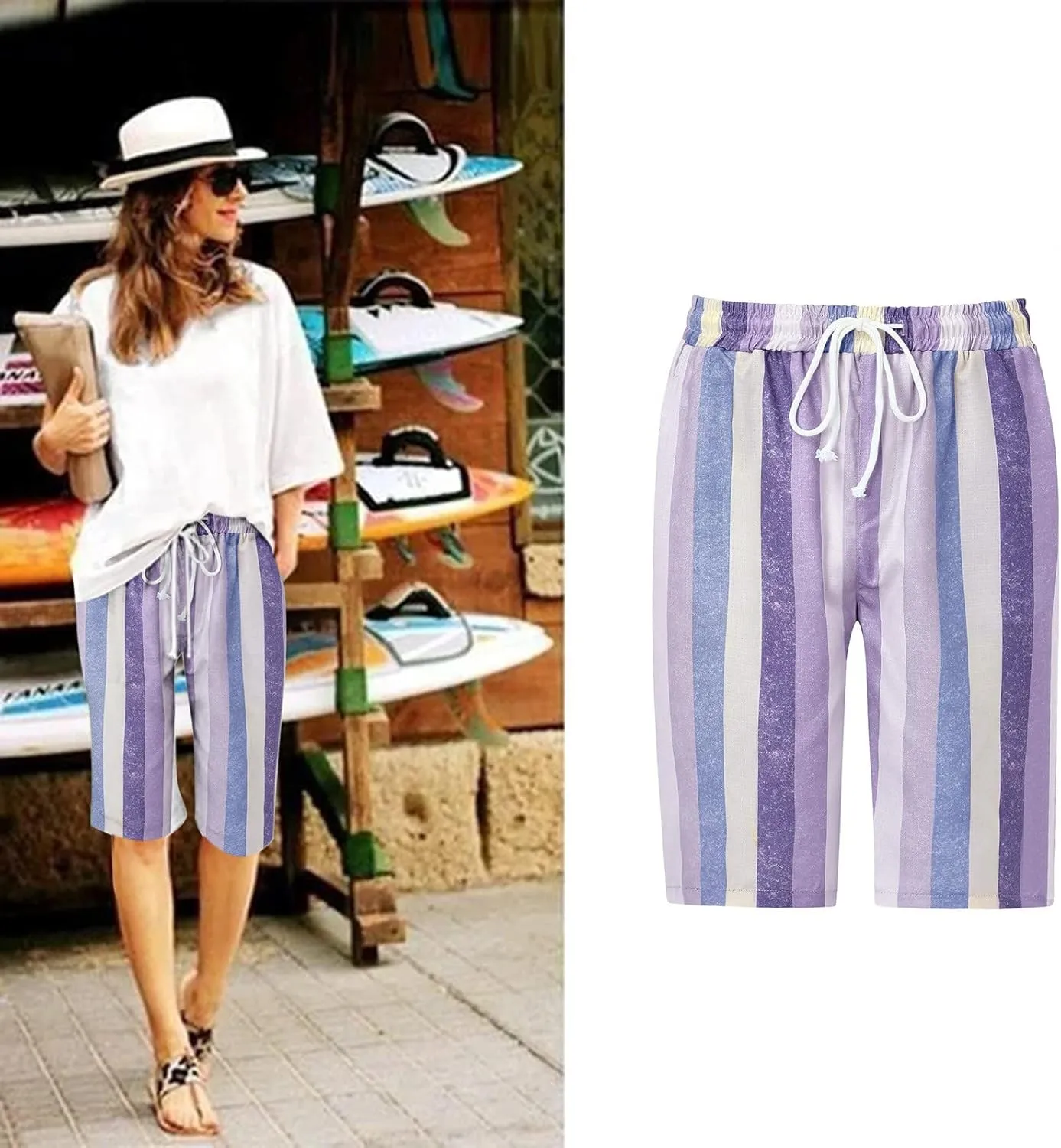 aihihe Womens Summer Linen Shorts Loose Fit Elastic Waist Bermuda Shorts Plus Size Knee Length Casual Beach Shorts