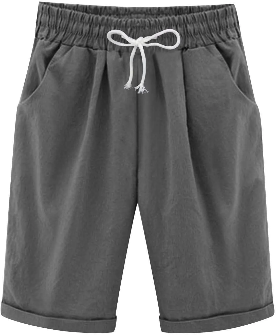 aihihe Womens Summer Linen Shorts Loose Fit Elastic Waist Bermuda Shorts Plus Size Knee Length Casual Beach Shorts