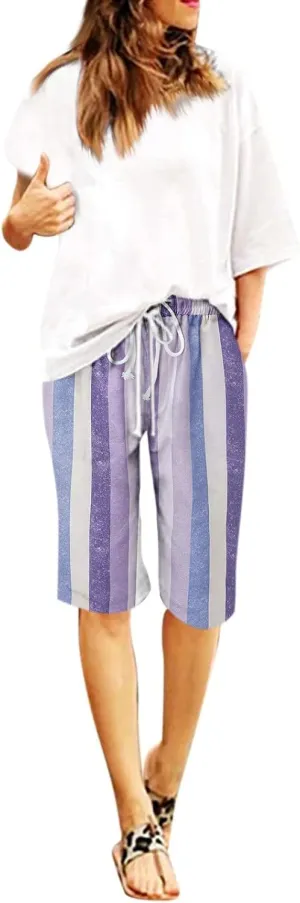 aihihe Womens Summer Linen Shorts Loose Fit Elastic Waist Bermuda Shorts Plus Size Knee Length Casual Beach Shorts