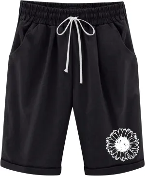 aihihe Womens Summer Linen Shorts Loose Fit Elastic Waist Bermuda Shorts Plus Size Knee Length Casual Beach Shorts