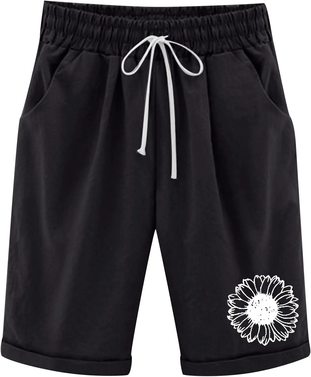 aihihe Womens Summer Linen Shorts Loose Fit Elastic Waist Bermuda Shorts Plus Size Knee Length Casual Beach Shorts