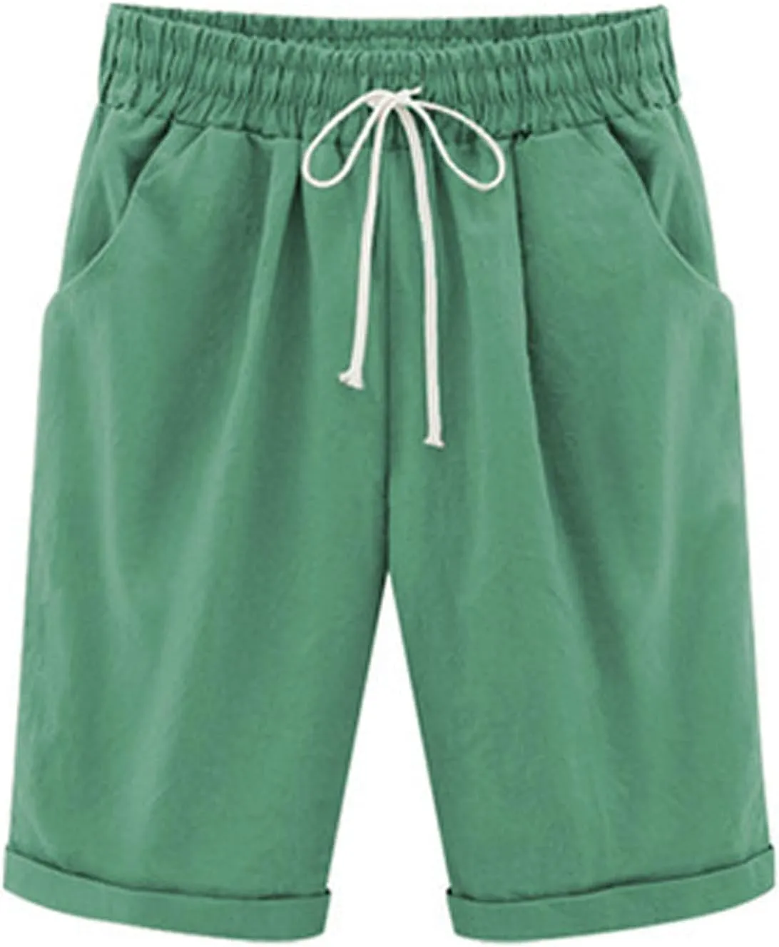 aihihe Womens Summer Linen Shorts Loose Fit Elastic Waist Bermuda Shorts Plus Size Knee Length Casual Beach Shorts