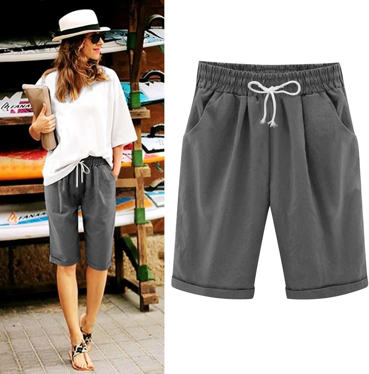 aihihe Womens Summer Linen Shorts Loose Fit Elastic Waist Bermuda Shorts Plus Size Knee Length Casual Beach Shorts
