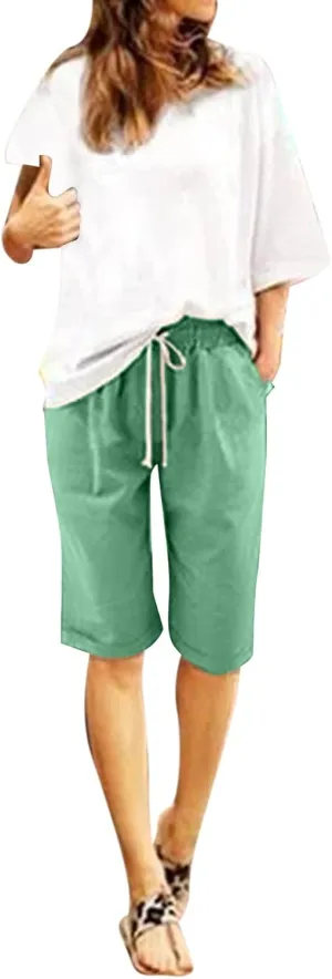 aihihe Womens Summer Linen Shorts Loose Fit Elastic Waist Bermuda Shorts Plus Size Knee Length Casual Beach Shorts