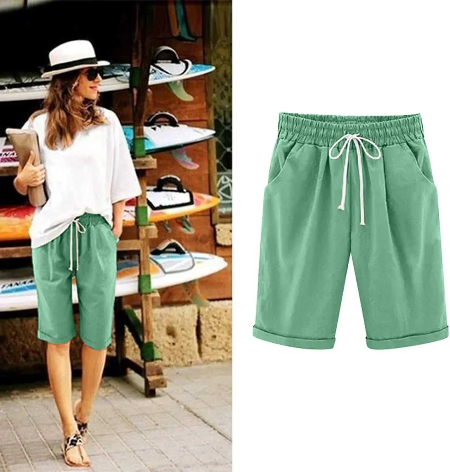 aihihe Womens Summer Linen Shorts Loose Fit Elastic Waist Bermuda Shorts Plus Size Knee Length Casual Beach Shorts