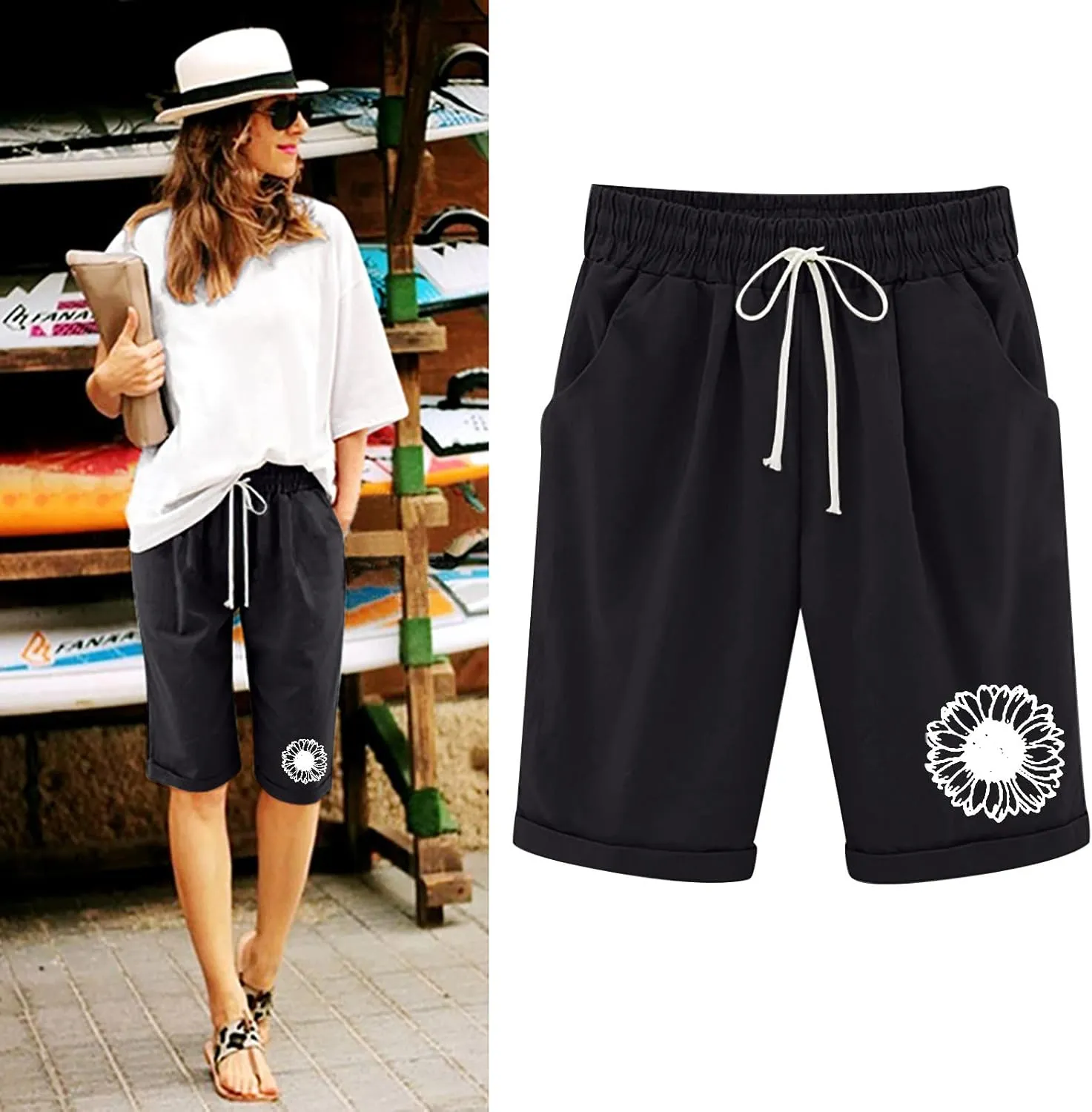 aihihe Womens Summer Linen Shorts Loose Fit Elastic Waist Bermuda Shorts Plus Size Knee Length Casual Beach Shorts