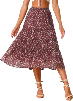 Allegra K Women's Floral Skirts Chiffon A-line Long Tiered Ruffle Boho Midi Skirt XS-3XL
