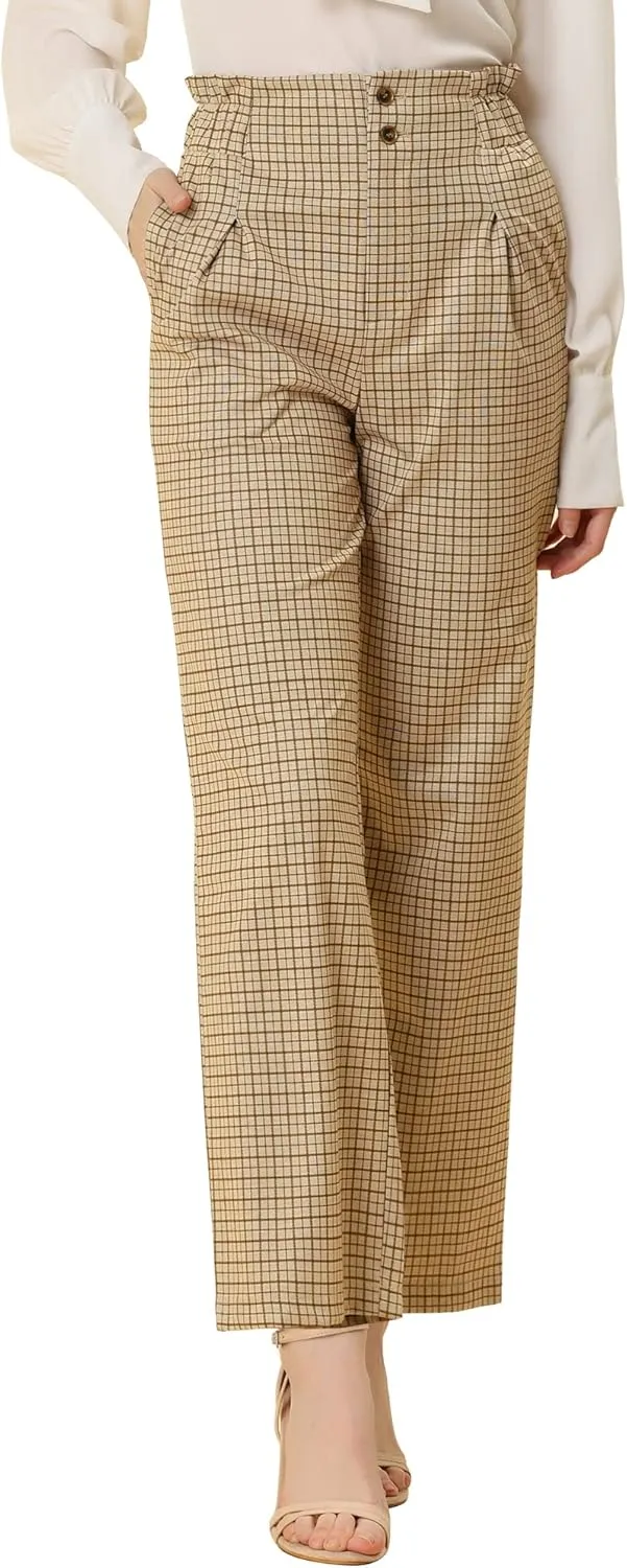 Allegra K Women's High Waist Casual Plaid Tartan Straight Leg Long Pants