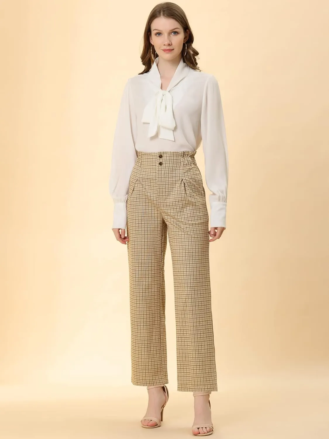 Allegra K Women's High Waist Casual Plaid Tartan Straight Leg Long Pants