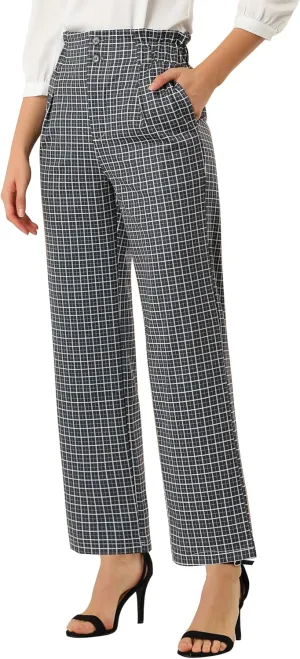 Allegra K Women's High Waist Casual Plaid Tartan Straight Leg Long Pants