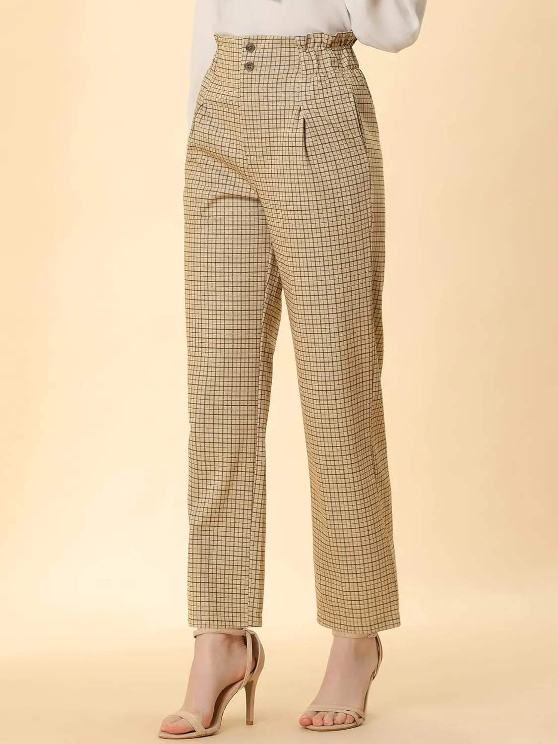 Allegra K Women's High Waist Casual Plaid Tartan Straight Leg Long Pants