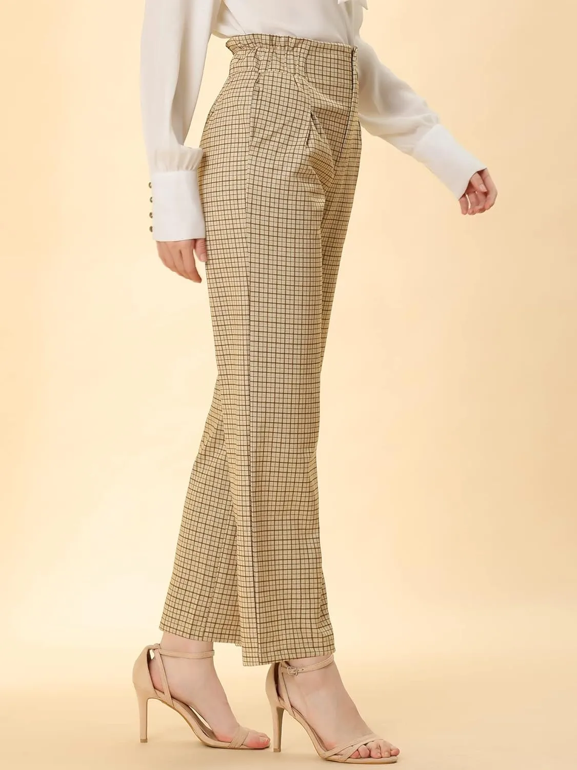 Allegra K Women's High Waist Casual Plaid Tartan Straight Leg Long Pants