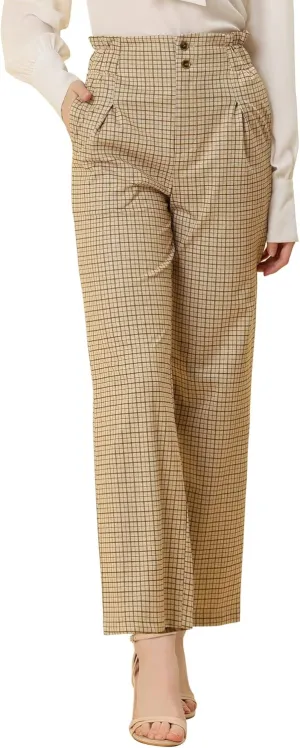 Allegra K Women's High Waist Casual Plaid Tartan Straight Leg Long Pants
