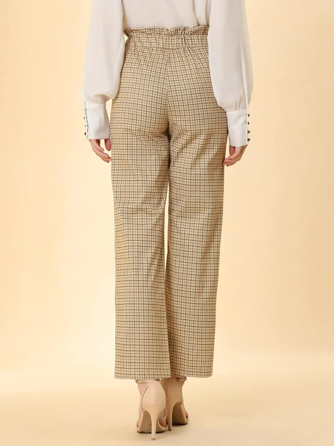 Allegra K Women's High Waist Casual Plaid Tartan Straight Leg Long Pants