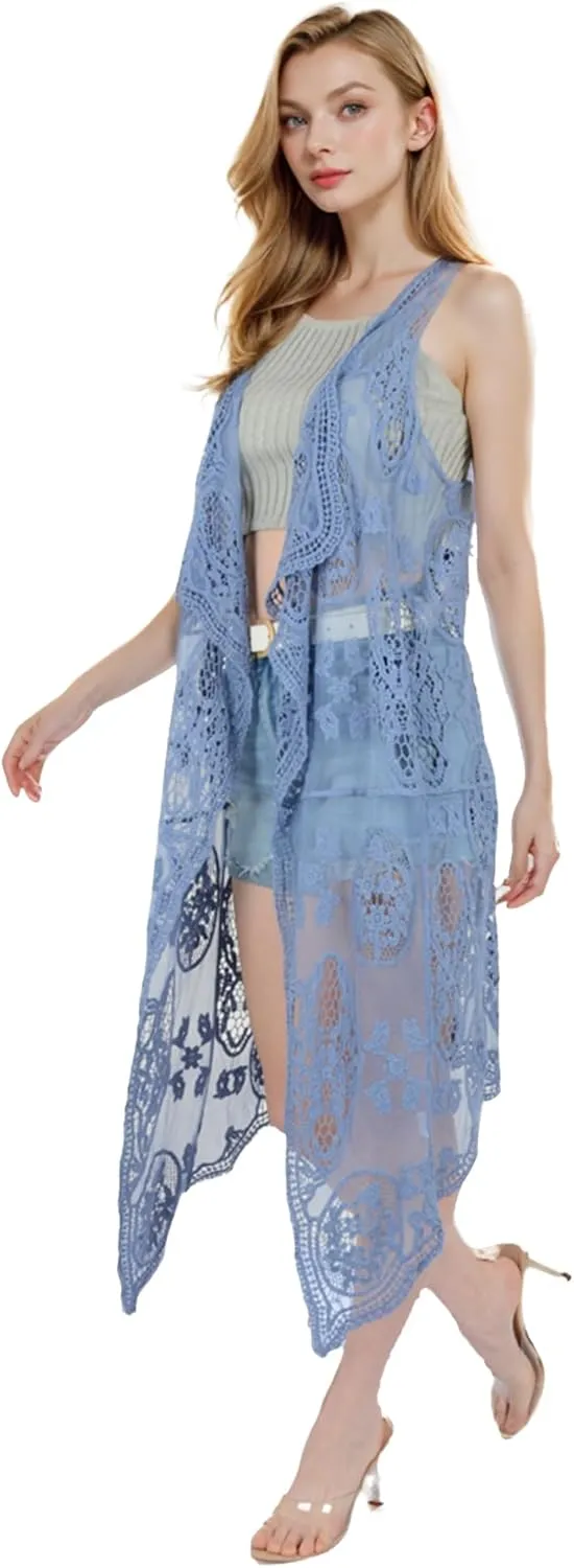 Anna-Kaci Vintage Floral Bohemian Sleeveless Mesh Lace Crochet Embroidery Beach Top Cardigan Vest,