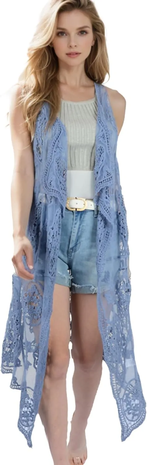 Anna-Kaci Vintage Floral Bohemian Sleeveless Mesh Lace Crochet Embroidery Beach Top Cardigan Vest,