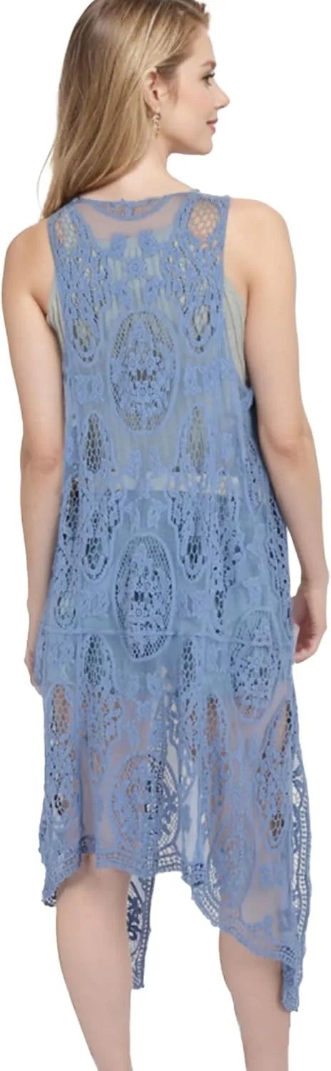 Anna-Kaci Vintage Floral Bohemian Sleeveless Mesh Lace Crochet Embroidery Beach Top Cardigan Vest,