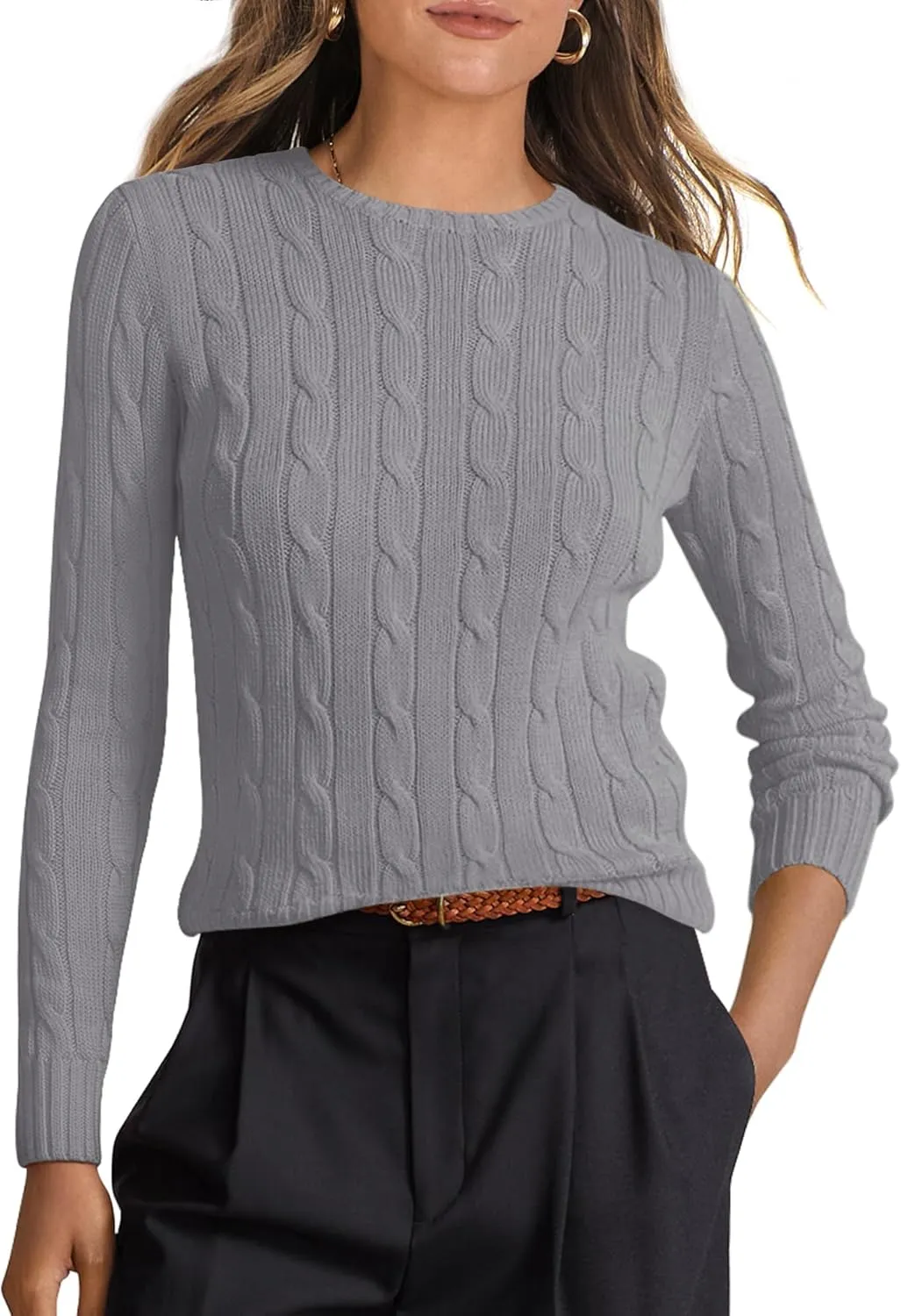ANRABESS Womens Long Sleeve Cable Knit Sweater Jumper Crewneck Pullover Soft Dressy Casual Tops Cute 2024 Fall Trendy Outfits
