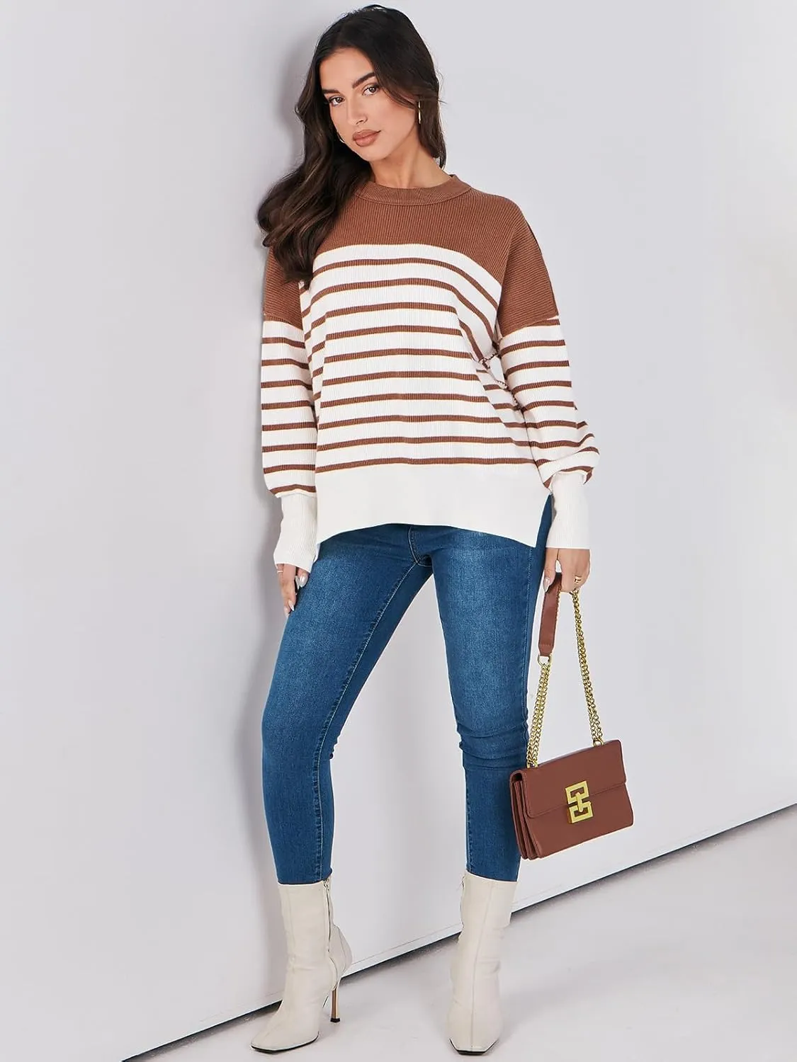 ANRABESS Womens Oversized Sweaters Fall 2024 Fashion Crewneck Batwing Long Sleeve Side Slit Knit Pullover Sweater Tops