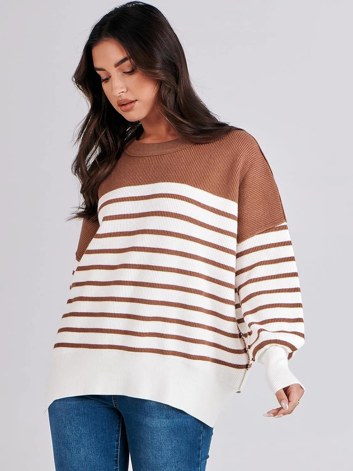 ANRABESS Womens Oversized Sweaters Fall 2024 Fashion Crewneck Batwing Long Sleeve Side Slit Knit Pullover Sweater Tops