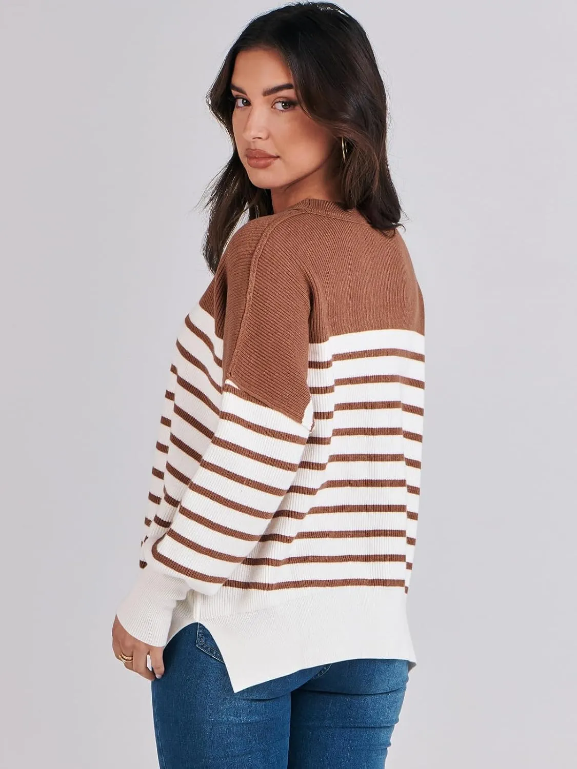 ANRABESS Womens Oversized Sweaters Fall 2024 Fashion Crewneck Batwing Long Sleeve Side Slit Knit Pullover Sweater Tops