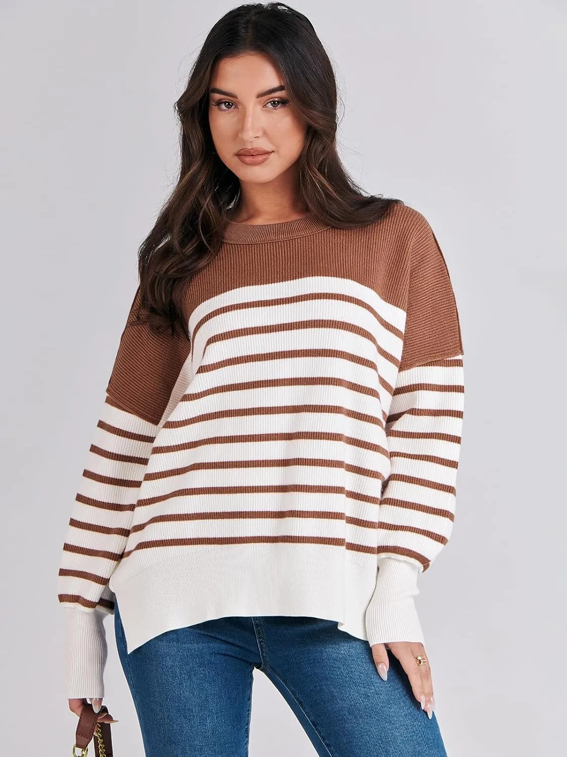 ANRABESS Womens Oversized Sweaters Fall 2024 Fashion Crewneck Batwing Long Sleeve Side Slit Knit Pullover Sweater Tops