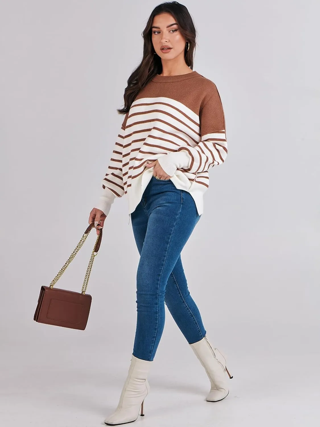 ANRABESS Womens Oversized Sweaters Fall 2024 Fashion Crewneck Batwing Long Sleeve Side Slit Knit Pullover Sweater Tops