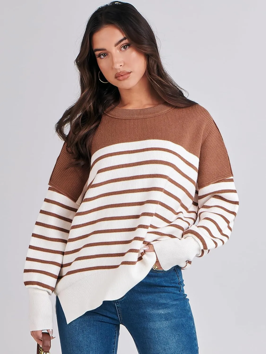 ANRABESS Womens Oversized Sweaters Fall 2024 Fashion Crewneck Batwing Long Sleeve Side Slit Knit Pullover Sweater Tops
