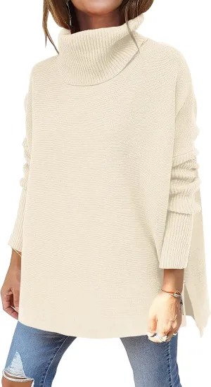 ANRABESS Women's Oversized Turtleneck Batwing Sleeve Spilt Casual Loose Knit Tunic Pullover Sweater Tops 2025 Fall Outfits