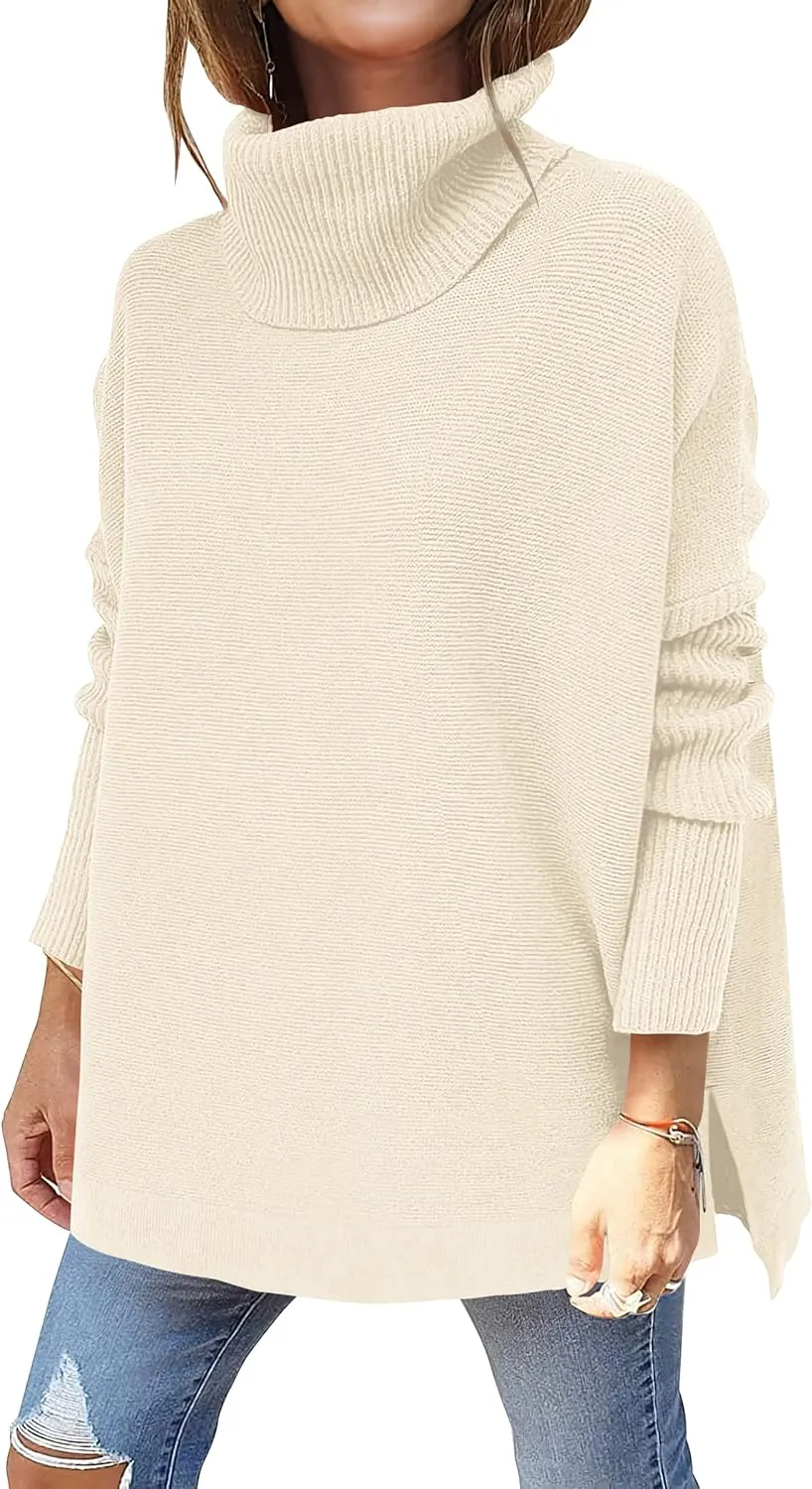 ANRABESS Women's Oversized Turtleneck Batwing Sleeve Spilt Casual Loose Knit Tunic Pullover Sweater Tops 2025 Fall Outfits