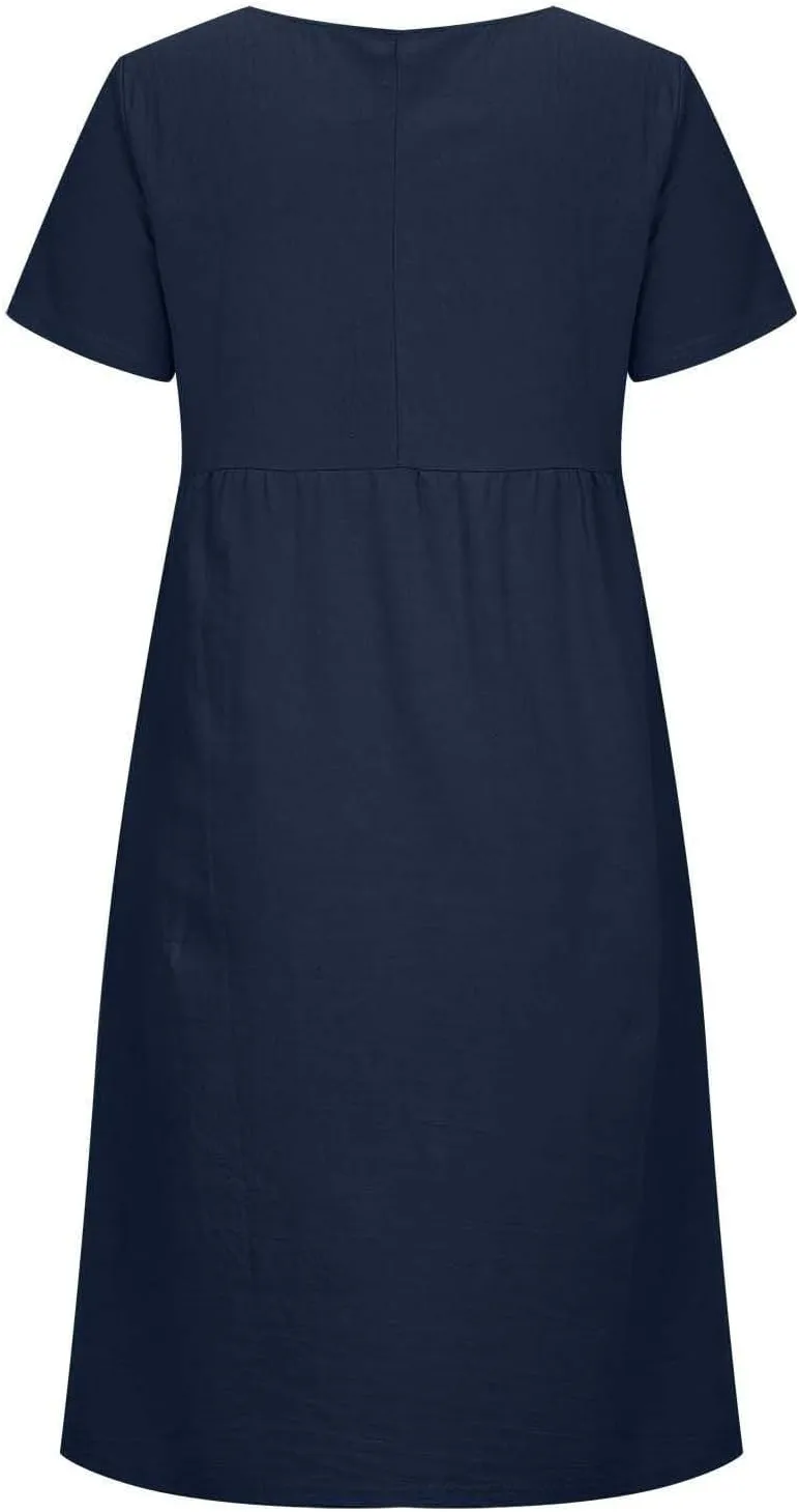 Beach Dresses for Women 2025 Vacation Summer Short Sleeve Cotton Linen Midi Dress Flowy Dresses Shirt Dress with Pocket