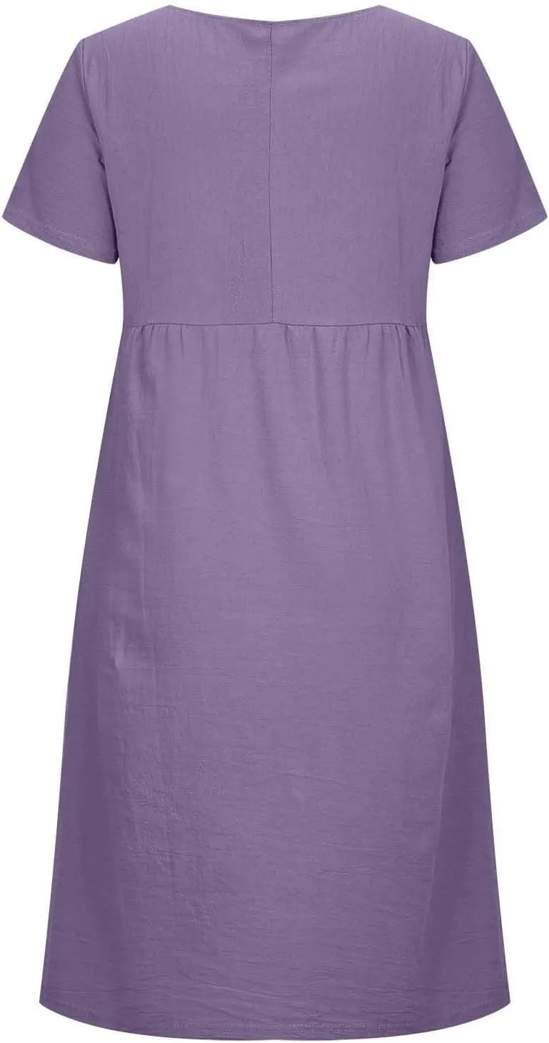 Beach Dresses for Women 2025 Vacation Summer Short Sleeve Cotton Linen Midi Dress Flowy Dresses Shirt Dress with Pocket