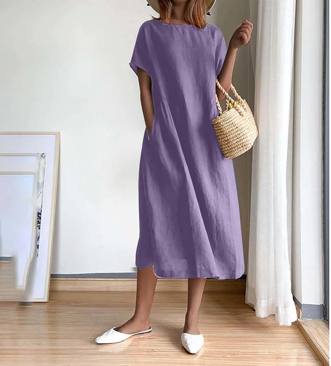 Beach Dresses for Women 2025 Vacation Summer Short Sleeve Cotton Linen Midi Dress Flowy Dresses Shirt Dress with Pocket