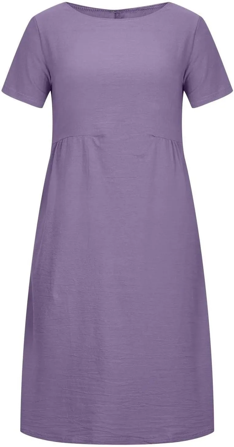 Beach Dresses for Women 2025 Vacation Summer Short Sleeve Cotton Linen Midi Dress Flowy Dresses Shirt Dress with Pocket