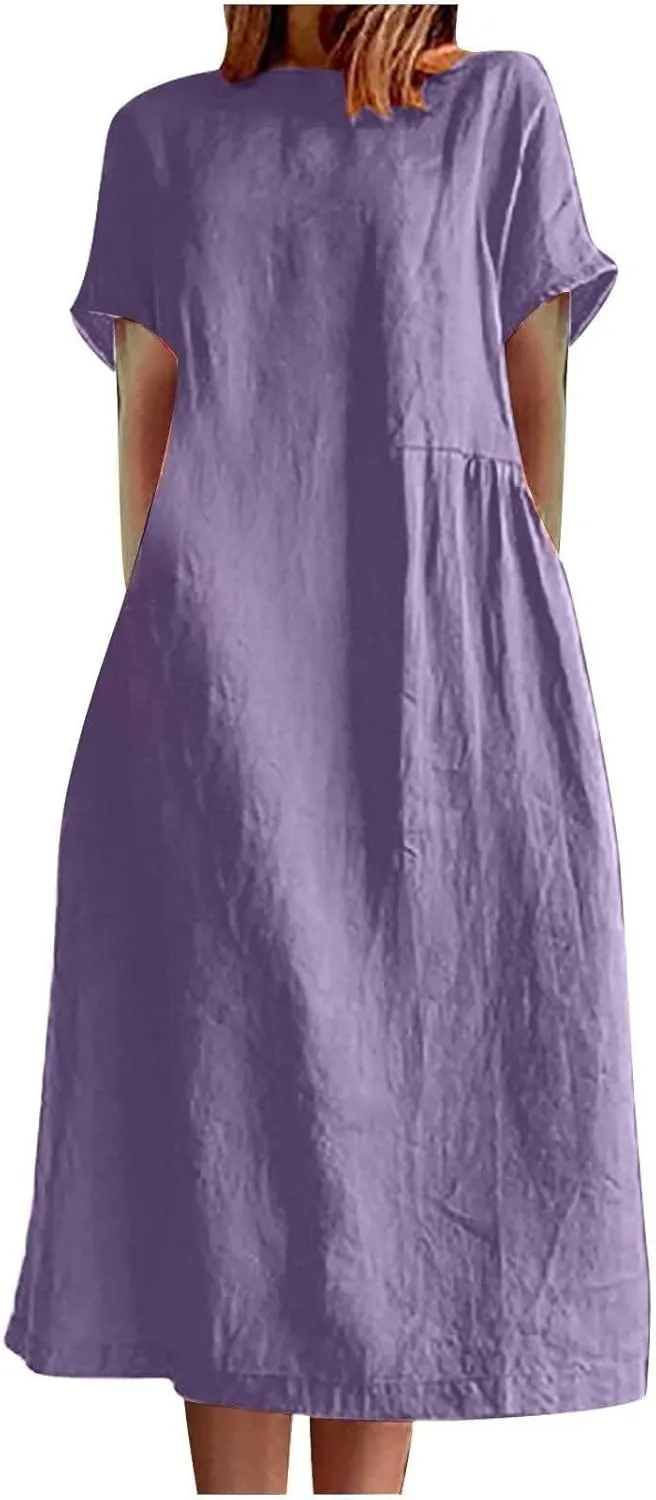 Beach Dresses for Women 2025 Vacation Summer Short Sleeve Cotton Linen Midi Dress Flowy Dresses Shirt Dress with Pocket