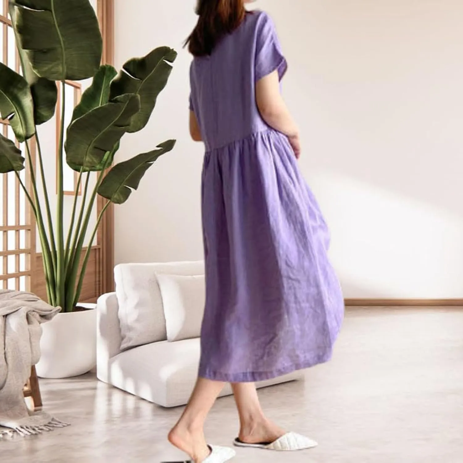 Beach Dresses for Women 2025 Vacation Summer Short Sleeve Cotton Linen Midi Dress Flowy Dresses Shirt Dress with Pocket