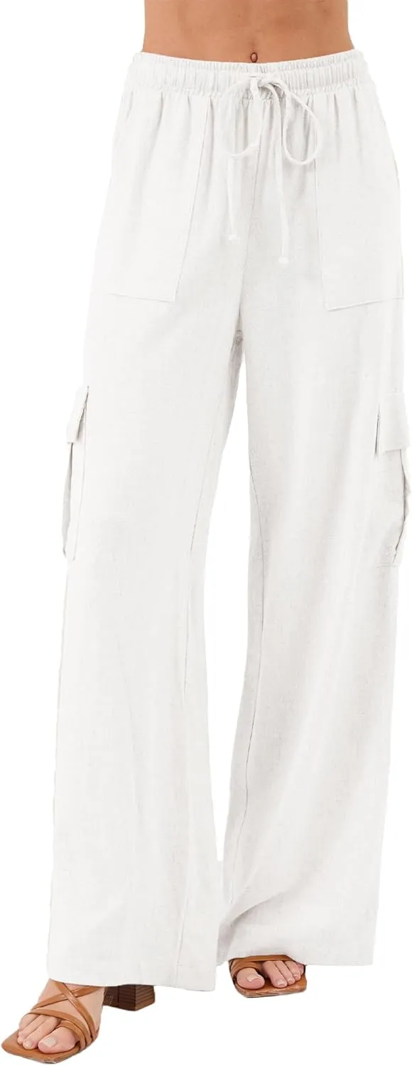 Beautiful Nomad Women's Linen Cargo Pants Casual High Waisted Wide Leg Pant Baggy Trousers with Pockets