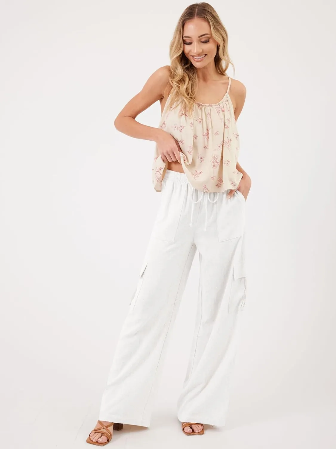 Beautiful Nomad Women's Linen Cargo Pants Casual High Waisted Wide Leg Pant Baggy Trousers with Pockets