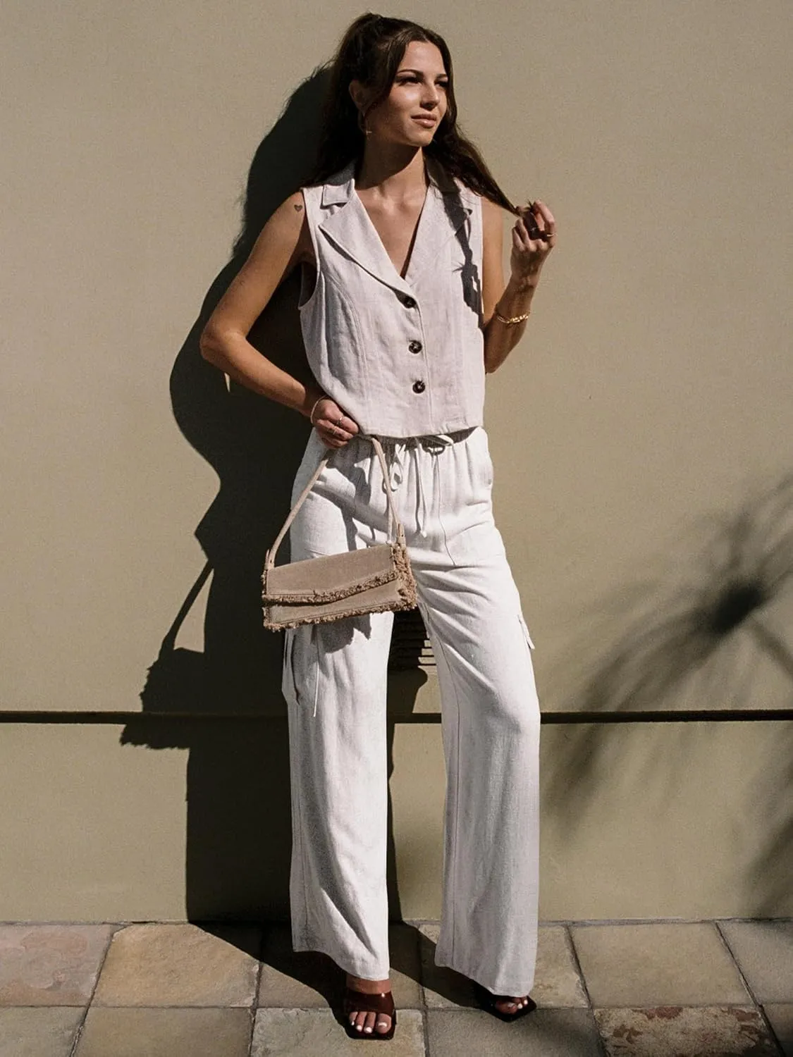 Beautiful Nomad Women's Linen Cargo Pants Casual High Waisted Wide Leg Pant Baggy Trousers with Pockets