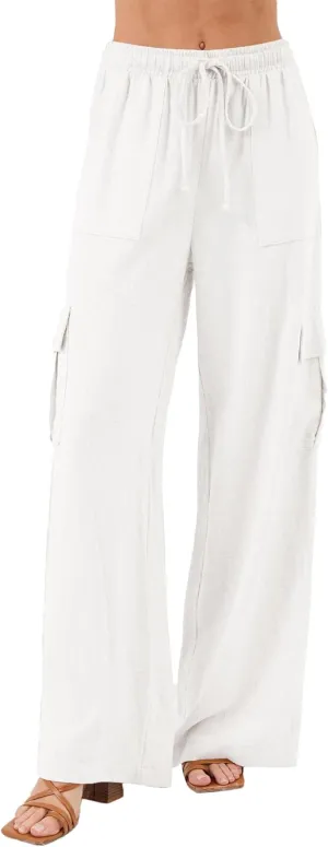Beautiful Nomad Women's Linen Cargo Pants Casual High Waisted Wide Leg Pant Baggy Trousers with Pockets