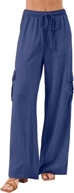 Beautiful Nomad Women's Linen Cargo Pants Casual High Waisted Wide Leg Pant Baggy Trousers with Pockets