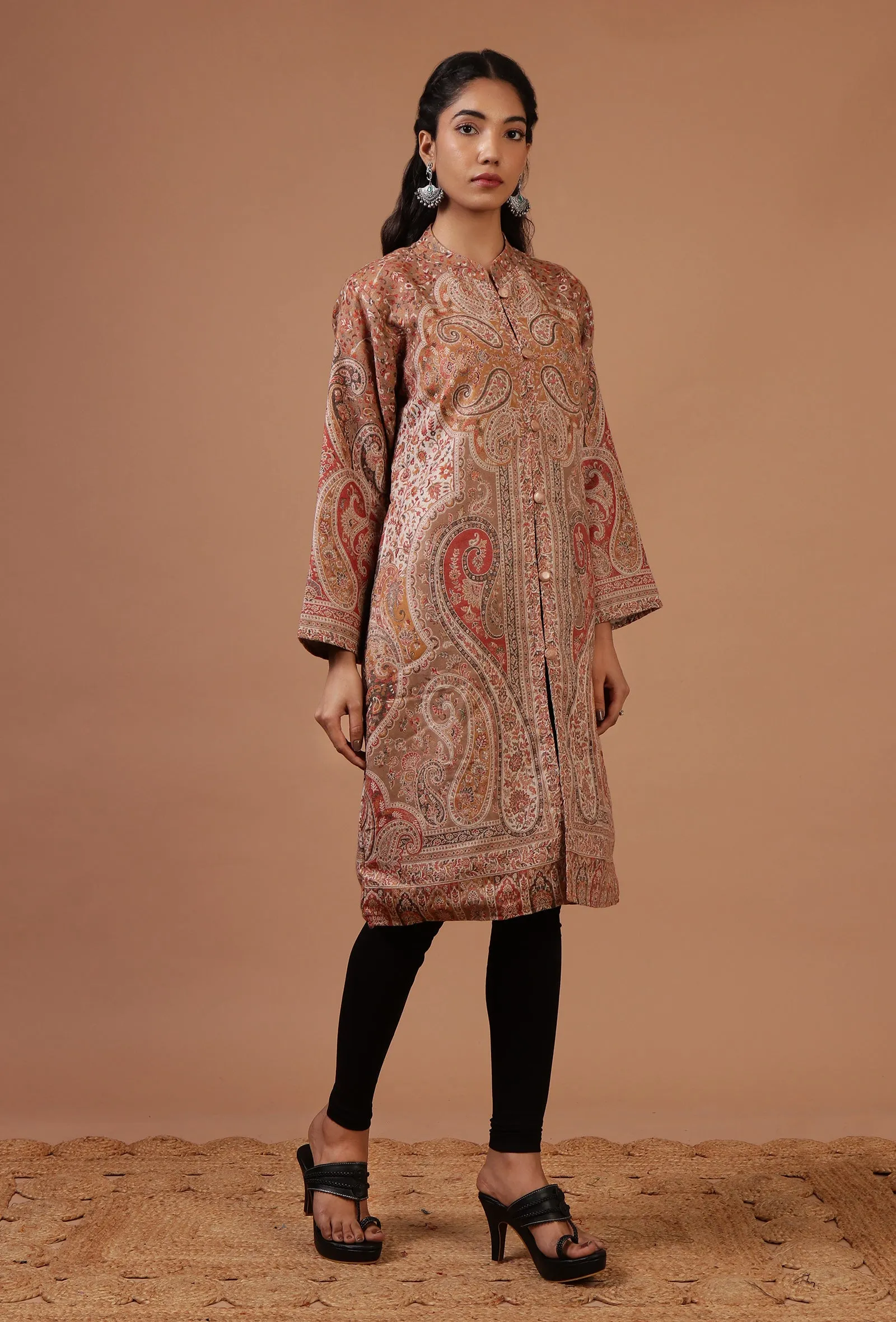 Beige & Multicolor Kani Embroidered Long Jacket
